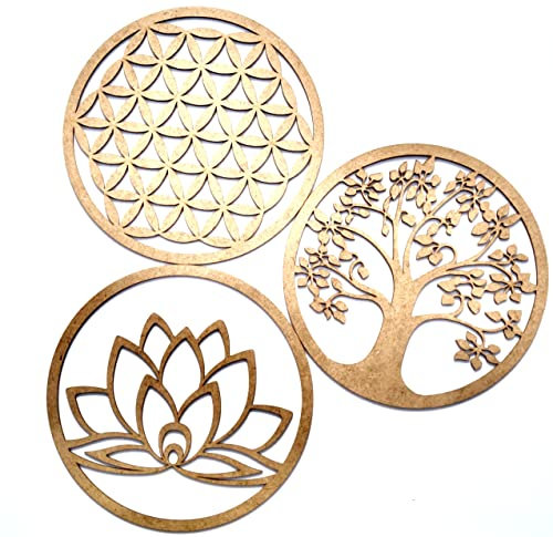 VEJO Decoración Pared/Pack de 3 Cuadros Árbol de la Vida,Flor de la Vida,Flor de Loto/Cuadro Tallado Madera Decorativo Madera Regalos