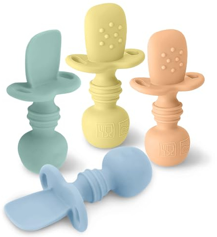 LittleWhispers Baby Silicone Spoons - Self Feeding 6 Months - Infant, Toddler, & Kid Friendly Utensils - First Stage, Baby Led Weaning - 4 Pack Utensil Set (Pastel)