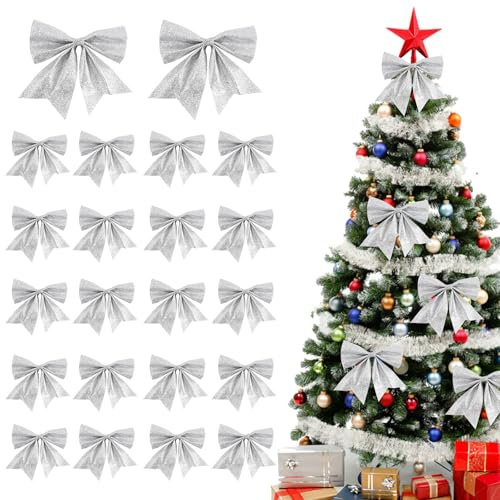 Cotepi 22 Stück Weihnachtsschleifen,Schleifen Weihnachtsbaum Silber,Weihnachtsbaum-Schleife, Ornament, Heimdekoration,Weihnachten Schleifen für Weihnachtskranz Geschenke Deko