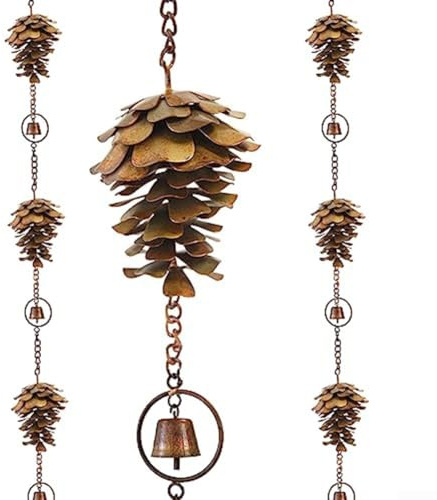 Rain Chain Pine Cone Rain Chain Wind Chime Pine Cone Ornament with Bells Bronze Metal Fall Wind Chimes Pine Cones Decorations Decorative Hanging Garden Decor