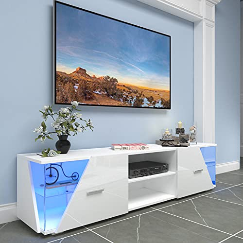 Dripex TV Lowboard Weiß Hochglanz mit LED Beleuchtung Schrank Fernsehtisch Board TV Vitrine, 150x37x35cm