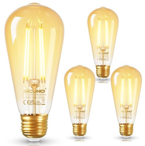 DiCUNO Ampoule LED E27 ST58 2.5W, Efficacité Energétique Classe B, Ampoule filament équivalent 40W halogène, Blanc chaud 2700K, 480lm, E27 vintage decorative, Non-dimmable, 4 Pièces