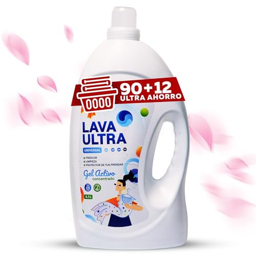 Lava Ultra Gel Activo 5.1L, 102 Lavados - Detergente Líquido Concentrado para Lavadoras - 5.1 L, Sin Fosfatos, Apto para Todo Tipo de Telas, Suave y Fresco, Fabricado en España