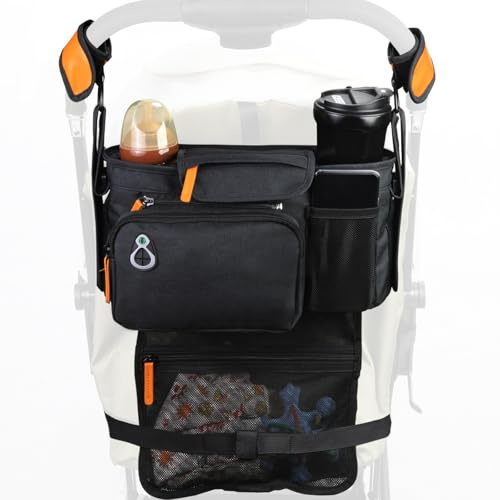 Universal Stroller Organizer with Insulated Cup Holder and Phone Holder, Large Pocket, Fits Most of Stroller Like Baby Jogger, Britax, BOB, Umbrella, Doona (Black)
