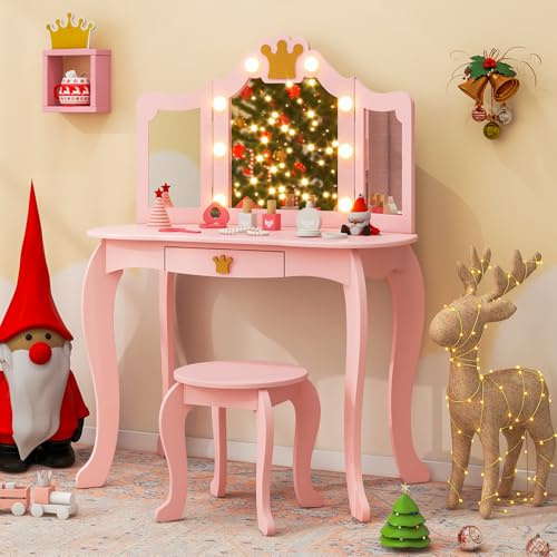 GYMAX Set Vanity Toeletta per Bambini, Tavolo da Trucco da Principessa con Specchio Triplo, Luci Dimmerabili a 3 Colori, Cassetto e Sgabello per Cameretta Bambina, 80 x 40 x 106 cm (Rosa)
