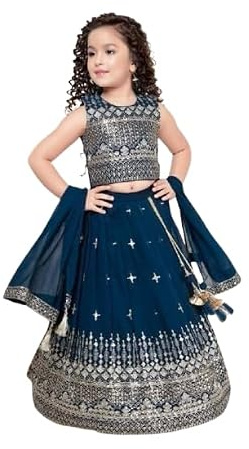 disson Ensemble traditionnel Lehenga Choli pour fille, bleu marine avec broderie argentée, haut court 2 pièces et jupe avec dupatta