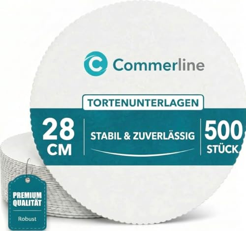 Commerline Tårtunderlägg 28 cm, 500 stycken, tårtfat av kartong, rund | Vit, tandad kant, livsmedelssäker, kakbräda, tårtbottnar för kakor och bakverk, bageri, konditori och catering