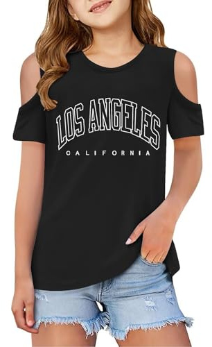 Tee Shirt Epaule Denudee Enfant Fille Manche Courte 3-12 Ans Ete a la Mode Mignon Tunique T Shirt Ado Fille Pas Cher Chic Leger Confortable Casual Sport Vacances Haut Top (11-12 Ans, Noir)