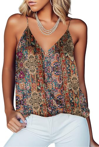 Ekouaer Women's Silk Satin Camisole Tank Tops V Neck Sleeveless Spaghetti Straps Blouse Casual Racerback Shirt Ethnic Style L