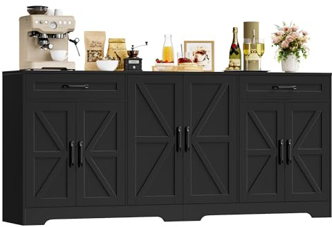 HOCSOK Sideboard, 180cm Large Kitchen Sideboard with 6 Barn Doors & 2 Drawers, Farmhouse Kitchen Cabinet with Adjustable Shelves, Buffet Cabinet for Living Room, Dining Room, Black, 180x87x34 cm