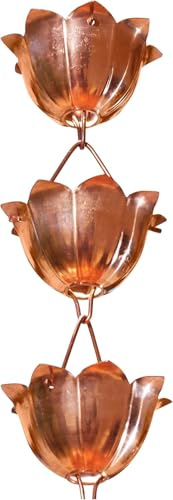 Monarch Rain Chains Pure Copper Lotus Cup Rain Chains for Gutters – 8.5 ft Decorative Rainchain Outdoor Durable Heavy Duty Gutter Chain Downspout Replacement, Modern Rainchains for Outside