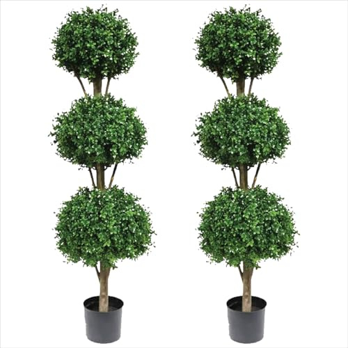 Two 66 Inch Artificial Boxwood Triple Ball Topiary Trees Potted UV Rated 5 and a Half Foot Tall