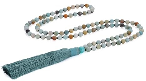COAI unisex handknuten 108 Mala Amazonit buddhistiskt halsband bönkedja, Rostfritt stål, Amazonit