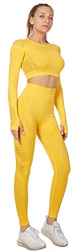 Jamron Donna Set di Abbigliamento Yoga Top Corto+Ghette 2 Pezzi Tuta Sportiva Palestra Fitness Activewear Giallo SN05405 M
