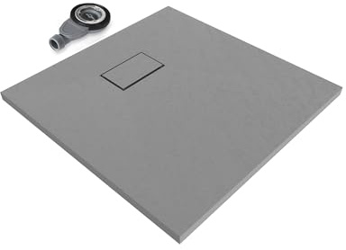 Moments of Glass SMC BOREAL Duschwanne 80x80 cm – extra flache Duschtasse (26 mm), rutschfest & robust, Schieferoptik, inkl. Ablaufgarnitur mit Deckel, Grau