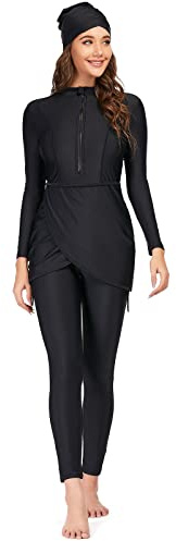 Burkini Swimwear for Ladies Muslim Swimming Costume Modest Swimsuit Women Full Body Long Sleeve Floral Print Built-in Bra Tops+Pants+Hijab Islamic Rash Guard Longer Length Bathing Suit 2#Black M