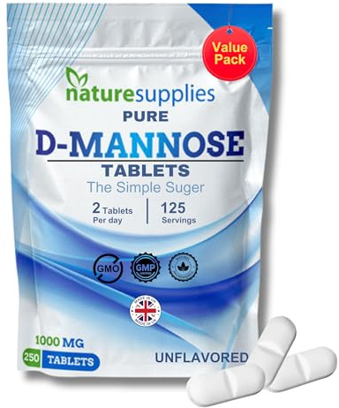 D Mannose Tablets 1000mg - 250 Pack Dmannose Tablets - (Not D Mannose Capsules or Powder) - Suitable for Vegetarians and Vegans - High Strength D-Mannose Supplement from Naturesupplies