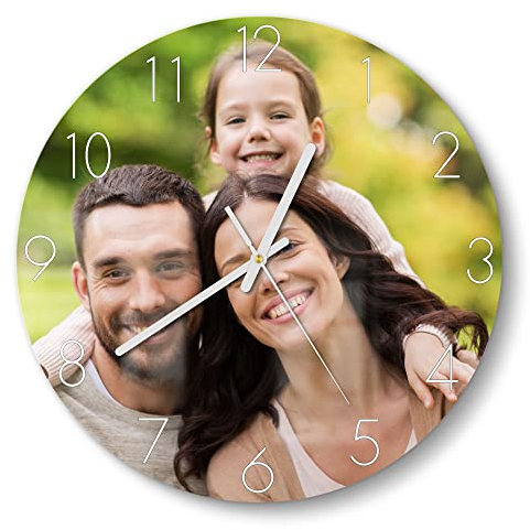 DEQORI Orologio in vetro personalizzato con foto | rotondo Ø 30 cm, numeri, nero | immagine propria | originale design silenzioso orologio da parete in vetro | orologio da parete per soggiorno e