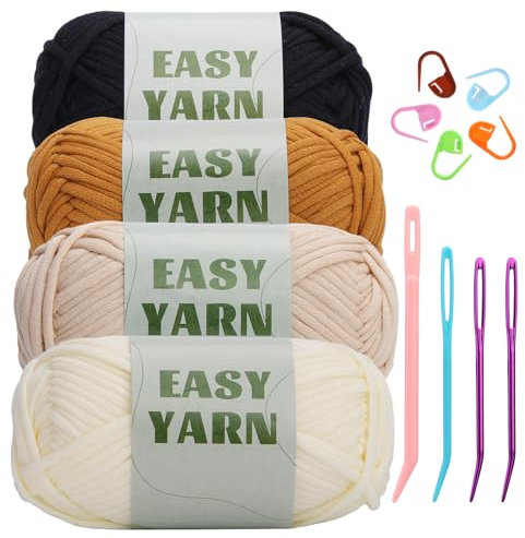 4x50g Easy Thick Cotton Wool Yarn, Chunky Cotton Yarn, Thick Wool Yarn for Crocheting Knitting, Cotton Yarn for Crochet(Beige + Brown + White + Black)