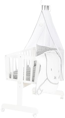 roba Babywiege miffy® 40 x 90 cm aus Holz - Stubenwagen & Wiege - Bett Set komplett mit Feststellfunktion & textiler Ausstattung - Weiß/Grau