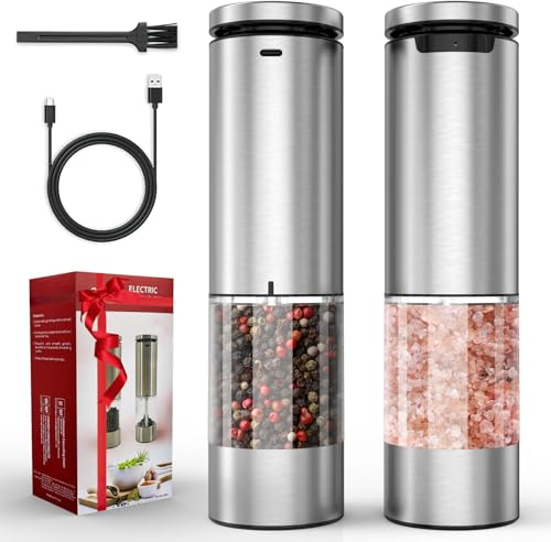 Electric Salt and Pepper Grinder Set, Zirzoe USB Rechargeable Salt and Pepper Mills Stainless Steel with Ceramic Grinder, Adjustable Coarseness, LED Light, One-Handed Automatic Operation