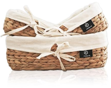 FRIHET Lot de 3 Corbeilles à Pain Carrées en Jacinthe d'Eau - Rustique en Tissu - Style Scandi - Panier Tressé Avec Doublure en Lin - Décoratif