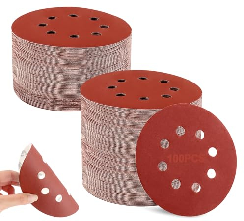 VFANDV 100 PCS Discos de Lija,125mm 8 Agujeros Discos de Pulir Papeles de Lija Grano Cada P40/80/120/180/320/400/600/800/1500/2000 Papel de Lija Redondas para Lijadora Orbital Aleatoria