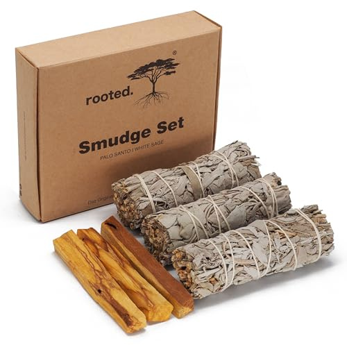 rooted. Premium rökset, ekologisk kvalitet, 3 buntar Kalifornien salvia + 3 Palo Santo rökträ, 100 % naturlig, traditionell rökelse, 100 % kontrollerad och hållbar skörd