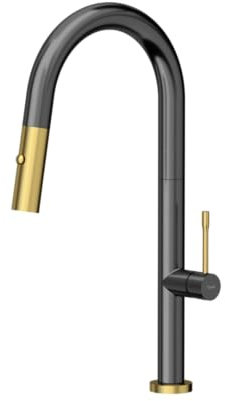 QUADRON FELICITY T LINE SteelQ, Edelstahl Küchenarmatur mit Ausziehbrause Graphitmetall/Nano PVD Gold, QFix-Funktion, Farbe: Graphit, Höhe: 44 cm, Wasserhahn für Küche, Armatur Küche