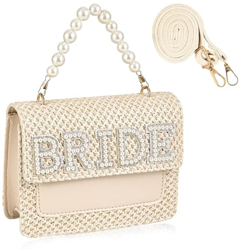 TRIXES BRIDE Pearl and Rhinestone Embellished Straw Handbag with Vegan Leather Trim - Bride to Be Gifts for Bachlorette/Hen Party