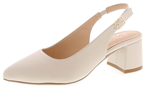 Women's Pointed Toe Block Heel Pumps Slingback Chunky Slip On Low Mid Heel, Cream, 6 UK