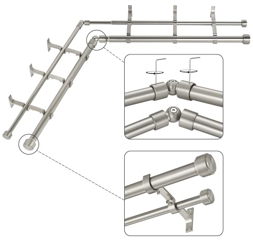 Mayrhyme Brushed Nickel Double Corner Window Curtain Rods with Aluminum End Cap Finials and Brackets,1 Inch Diameter Dual Bay Window Curtain Rods, Adjustable 2 Sided 32-86 Inch Double Drapery Rod