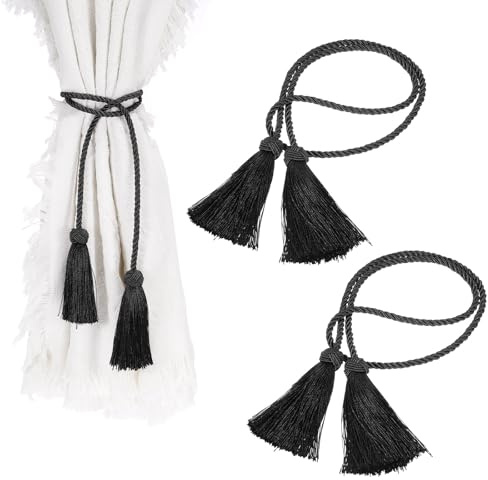 QUARKZMAN 2 Piezas Abrazaderas Cortina con Borlas, Sujeta Cortinas con Borlas Hechas a Mano Decorativas Trenzado para el Hogar, Dormitorio, Baño y Oficina, Cortinas Ventana, Color Negro