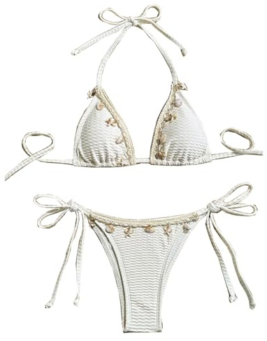 Women's Shell Bikini 2 Piece Boho Halter Triangle Bathing Suit Brazilian Beaded Y2k Bikinis High Waist Swimsuit White