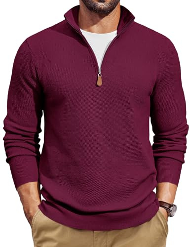 COOFANDY Pull Homme Hiver Chaud Pulls Zippé Sweat à Manches Longues Pull col Roulé Tricoté Business Casual Sweater Rouge M