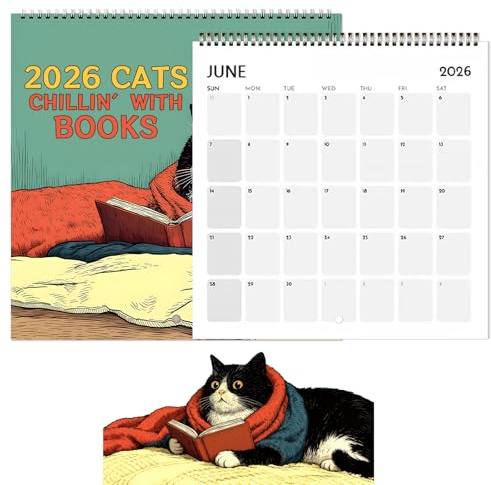 2026 Cat Wall Calendar UK, Cats Chillin’ with Books Calendars, Funny Cute 12 Month Hanging Monthly Planner with Full-Color Illustrations for Home Office School, Creative Home Decor& Cat Lover Gift