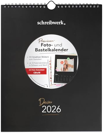 schreibwerk 700918 Photo and Craft Calendar 2026, DIY with Photo Windows and Stickers to Design Yourself, 24 x 30 cm, Black, White
