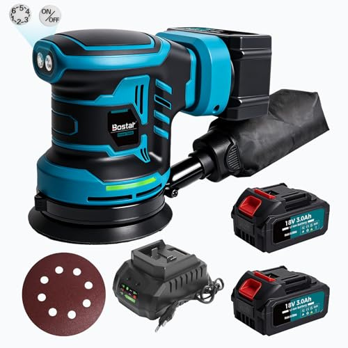 Bostar Levigatrice Rotorbitale a Batteria 18V, Ø125mm Motore Brushless, 2 Batterie 3.0Ah, Max. 21000 Giri/min, 6 Velocità, Sacco Polvere, Levigatrice Orbitale per Legno e Auto, Compatibile Makita 18V