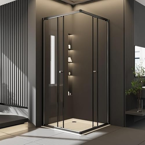 Goezes Eckeinstieg Duschkabine Schwarz 75x75x185cm Schiebetür, Duschabtrennung Dusche aus 6mm ESG Glas Duschwand, Schwarz Eckdusche Duschtür