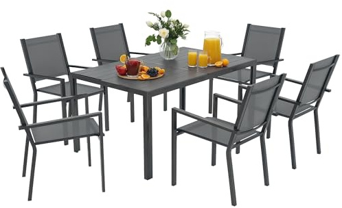 Outsunny Set Tavolo da Giardino con Sedie da 7 Pezzi, Set da Pranzo con Tavolo con Piano in Legno Composito a Doghe, 6 Sedie da Esterno Impilabili, Set di Mobili in Acciaio Texteline, Grigio