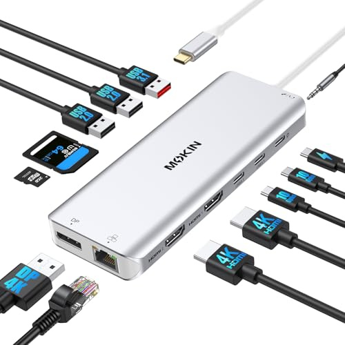 Estación de acoplamiento USB C para portátil con doble monitor, doble HDMI, 4K DP, concentrador de triple pantalla, 13 en 1 MOKiN USB C con 3 monitores, DisplayPort, USB 3.1, RJ45, 100 W PD, lector de