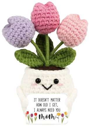 Tastetreasure Vaso di fiori all'uncinetto a forma di tulipano, idea regalo per mamma da figlia figlio, 14 x 10,5 cm, fatta a mano, simpatica bambola positiva per la festa della mamma, compleanno, San