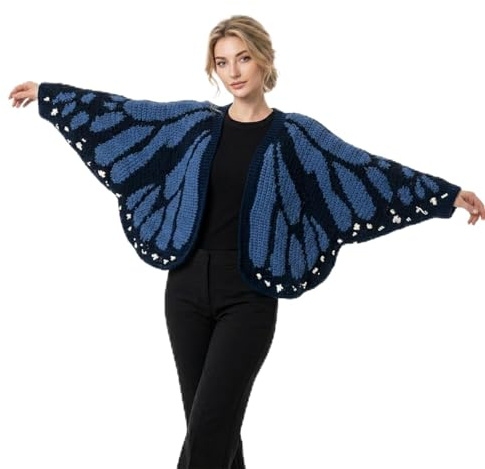 Genérico Cárdigan de Mariposa Monarca para Mujer - Chaqueta de Punto de Ganchillo Frente Abierto - Capa Poncho Boho con Patrón de Alas (Blue)