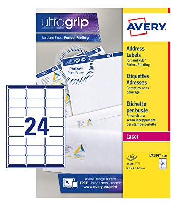 Avery JamFREE, Printable, Address Labels, Customisable, 63.5 x 33.9 mm, White, 24 Labels per Sheet, 2400 Blank Labels per Pack (L7159-100)