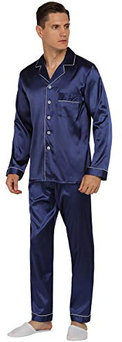 YIMANIE Mens Silk Satin Pajamas Set Classic Sleepwear Loungewear (Large, Navy)