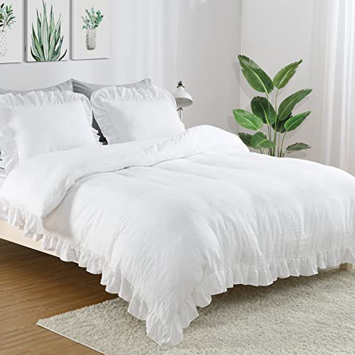CAROMIO White Ruffle Duvet Cover Queen Size, 3PCS Soft Washed Microfiber Vintage French Country Duvet Cover Set for Queen Bed, White, 90x90 in