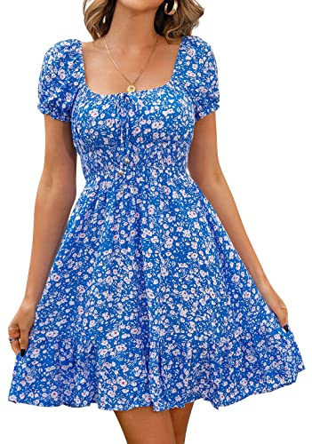 Livonmone Damen Kleid Lässig Sommerkleid Blumendruck Hohe Taille Kleider Puff Ärmel Retro Sexy Casual Tunika Beach Minikleid (Blau, M)