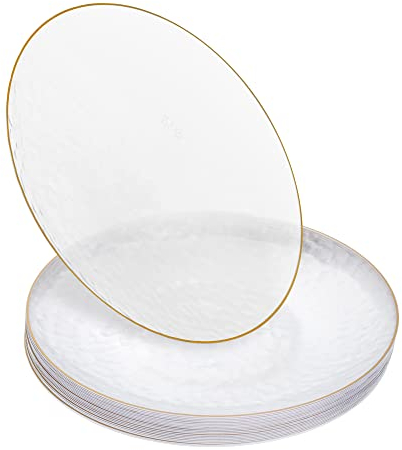 Stackables Lot de 20 assiettes rondes transparentes avec bordure dorée - Assiettes à déjeuner et à dessert classiques de style martelé moderne - Assiettes de fêtes élégantes multi-usage (23 cm)