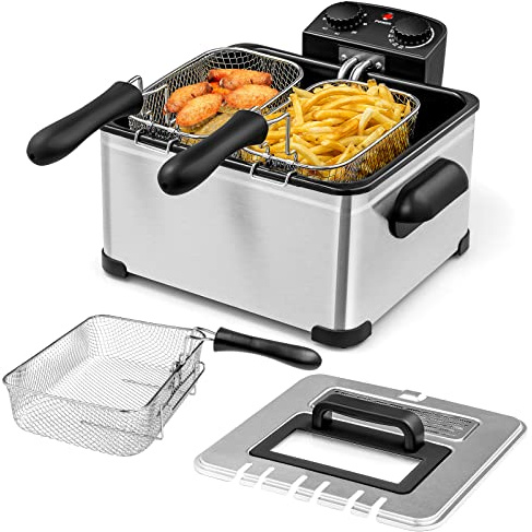 ORALNER Deep Fryer with Basket, Electric Deep Fryer w/View Window, 3 Frying Baskets, Cool Touch Handle, 21-Cup/5.3Qt Oil Fryer w/Timer, Adjustable Temperature, Home Deep Fat Fryers, Silver (5.3 QT)