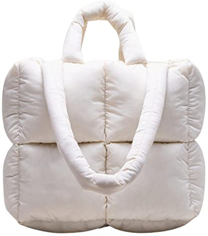 MadGrandeur Puffer Tote Bag Damen Glänzend Gesteppt Puffy Tote Bag Daunen Gepolsterte Schultertasche Süße Handtasche Ästhetische Handtasche, Z-weiß, Large